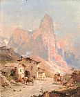 Franz Richard Unterberger Canvas Paintings - Figures in a Village in the Dolomites